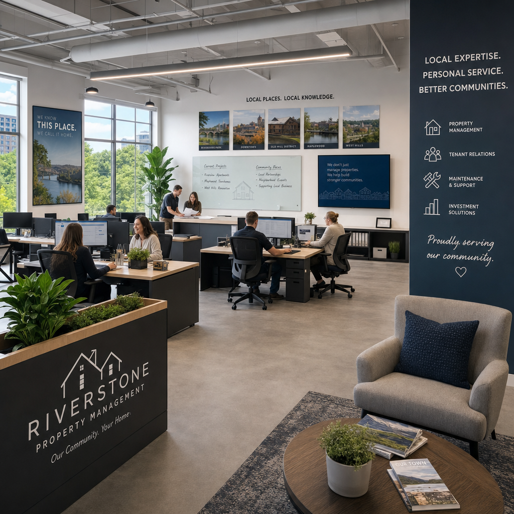 Professional office environment where renovation submissions and project stories are reviewed