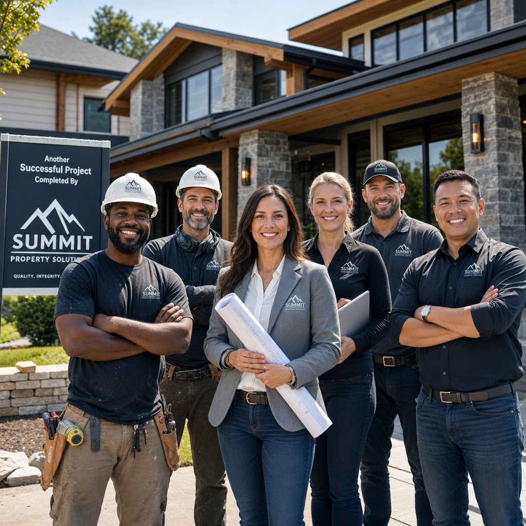 Professional roofing and construction team standing in front of a completed modern home project with blueprints in hand